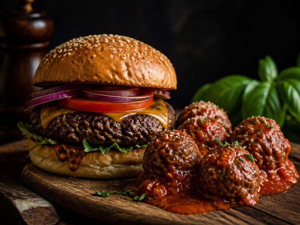 Hambúrguer caseiro e almôndegas ao molho de tomate