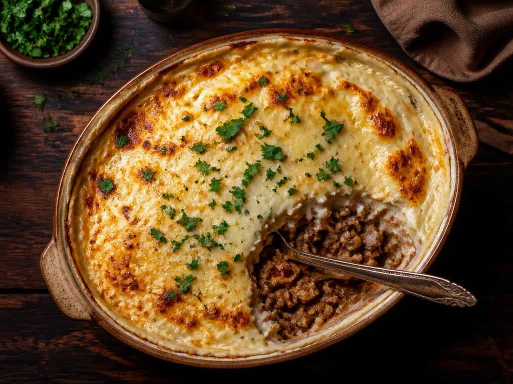 Escondidinho de carne moída gratinado em travessa rústica