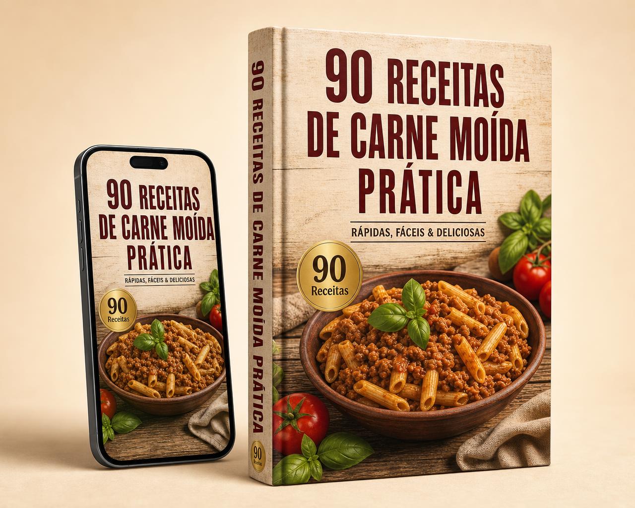 E-book 90 Receitas de Carne Moída Prática no celular e em versão impressa